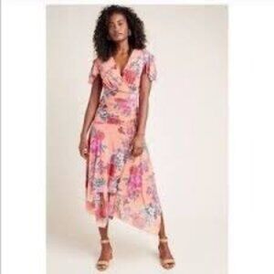 Anthropologie Maeve Simone Floral V-Neck Midi Dress Handkerchief Hem Size XS NWT